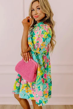 Outlet Dear-Lover Floral Puff Sleeve Collar Buttoned Babydoll Dress Green
