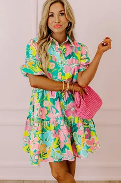 Outlet Dear-Lover Floral Puff Sleeve Collar Buttoned Babydoll Dress Green