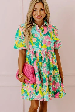 Outlet Dear-Lover Floral Puff Sleeve Collar Buttoned Babydoll Dress Green