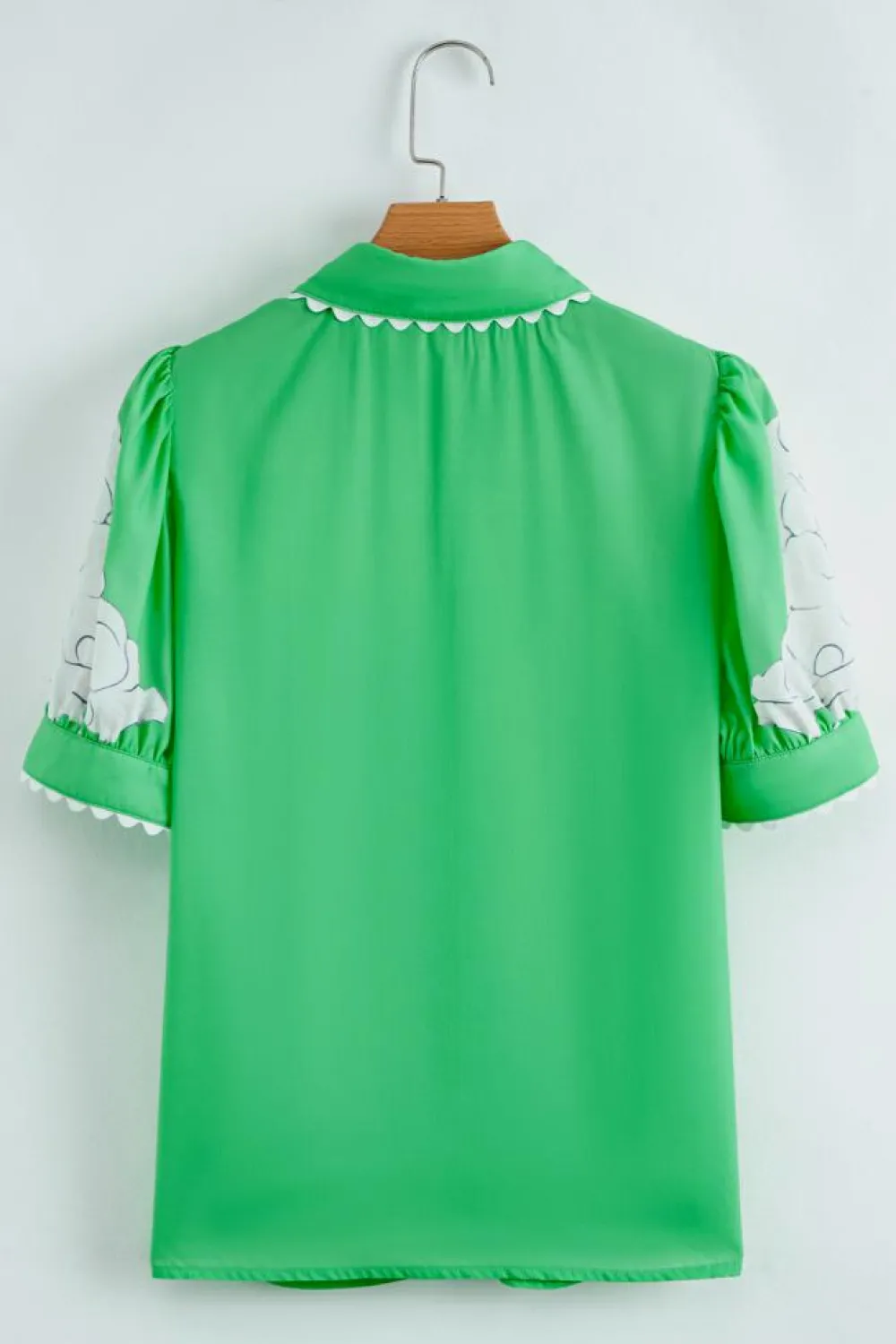 Discount Dear-Lover Floral Ric Rac Edge Puff Sleeve Button Up Summer Shirt Green