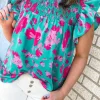Best Dear-Lover Floral Ruffled Flutter Sleeve Ruched Blouse Green
