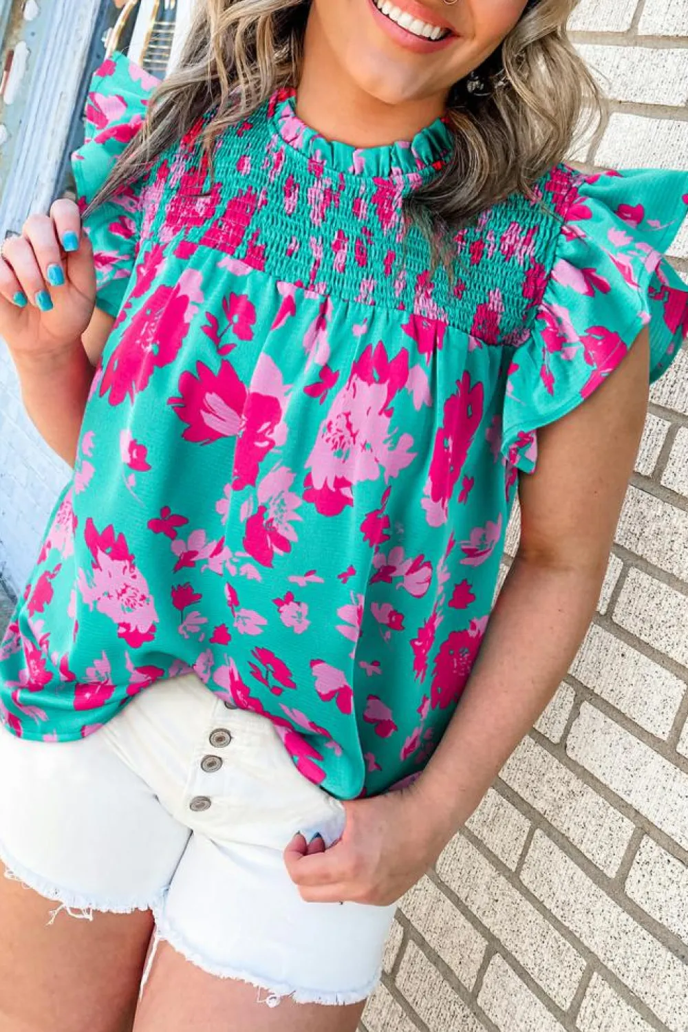 Best Dear-Lover Floral Ruffled Flutter Sleeve Ruched Blouse Green