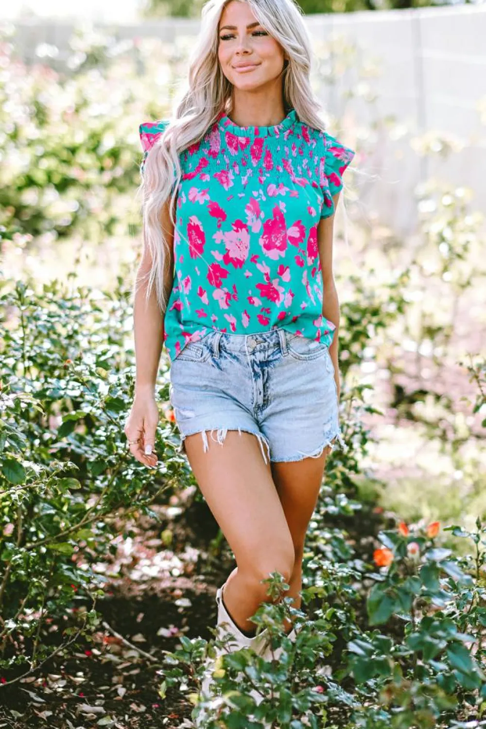 Best Dear-Lover Floral Ruffled Flutter Sleeve Ruched Blouse Green