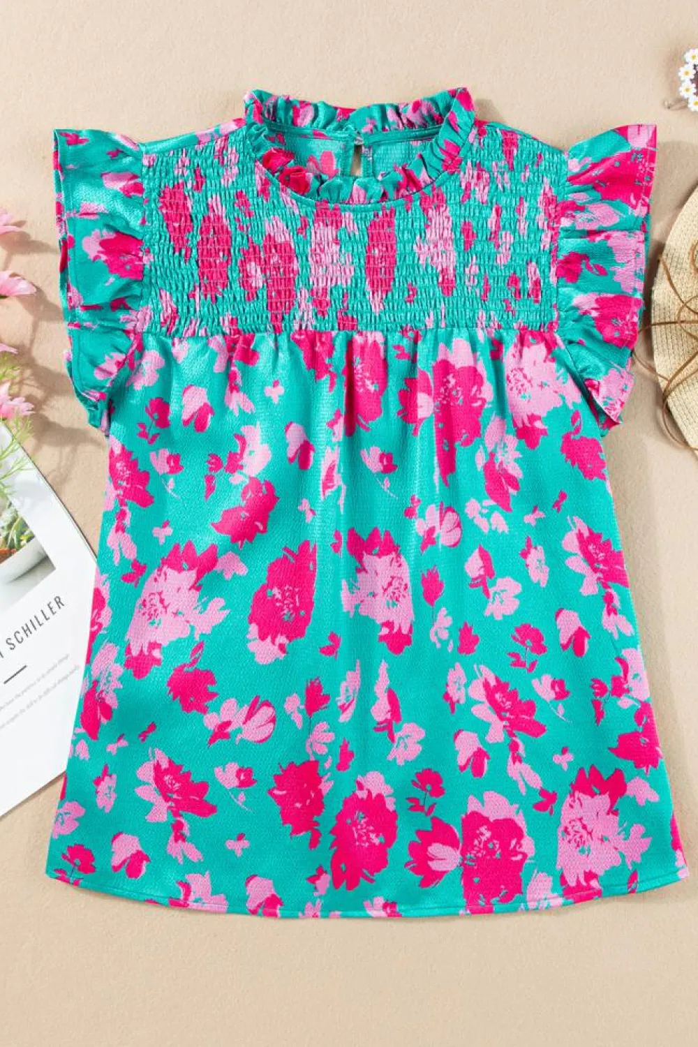 Best Dear-Lover Floral Ruffled Flutter Sleeve Ruched Blouse Green
