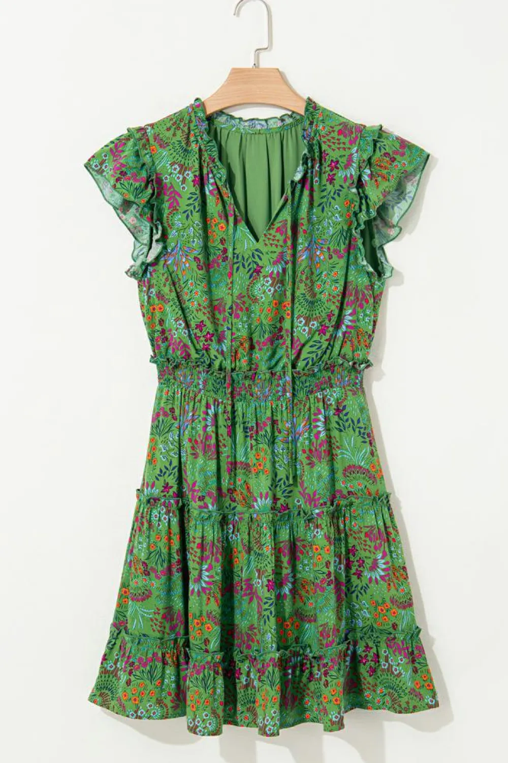 Sale Dear-Lover Floral Tie Split Neck Frilly Ruffle Trim Tiered Short Dress Green
