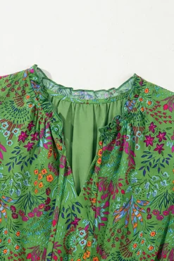 Sale Dear-Lover Floral Tie Split Neck Frilly Ruffle Trim Tiered Short Dress Green