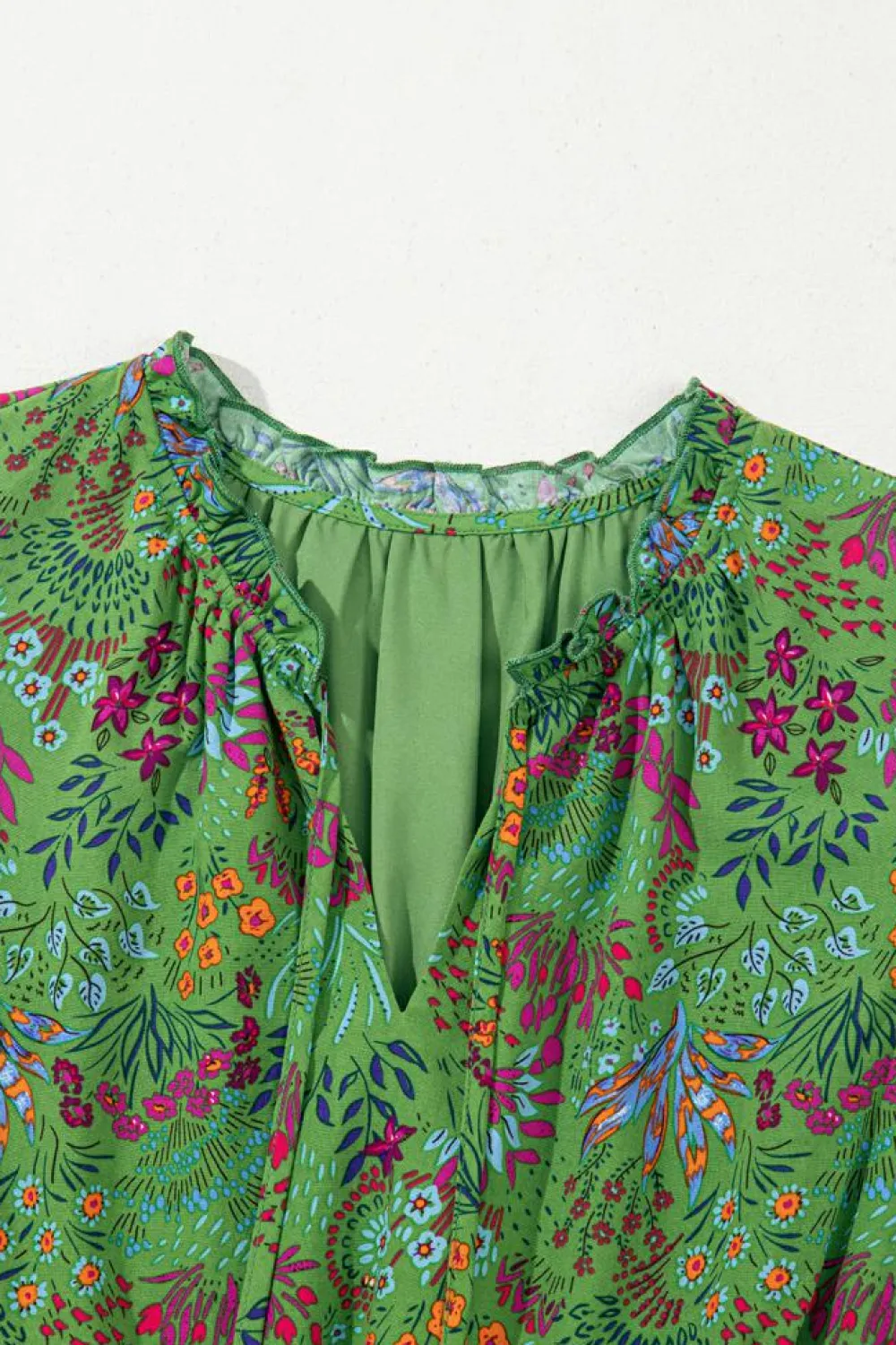 Sale Dear-Lover Floral Tie Split Neck Frilly Ruffle Trim Tiered Short Dress Green