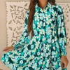 Clearance Dear-Lover Green Floral Tiered Long Puff Sleeve Shirt Dress Blackish Green