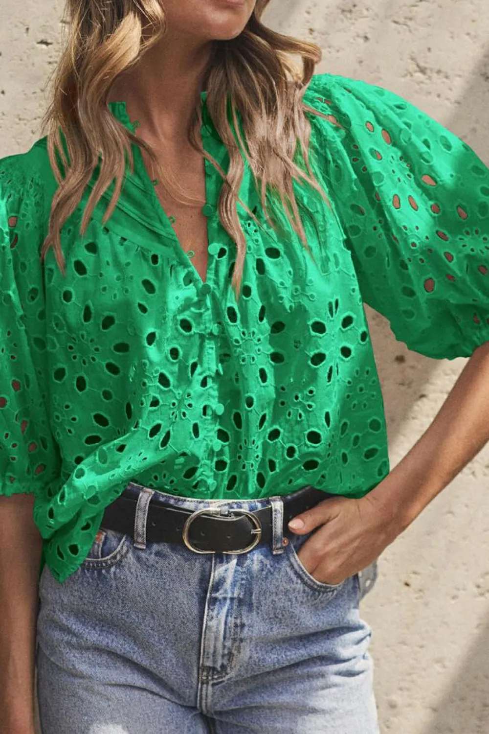 Sale Dear-Lover Flower Embroidered Hollow-out Puff Sleeve Blouse Green