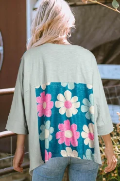 Outlet Dear-Lover Flower Patchwork Exposed Seam Oversized High Low Top Green