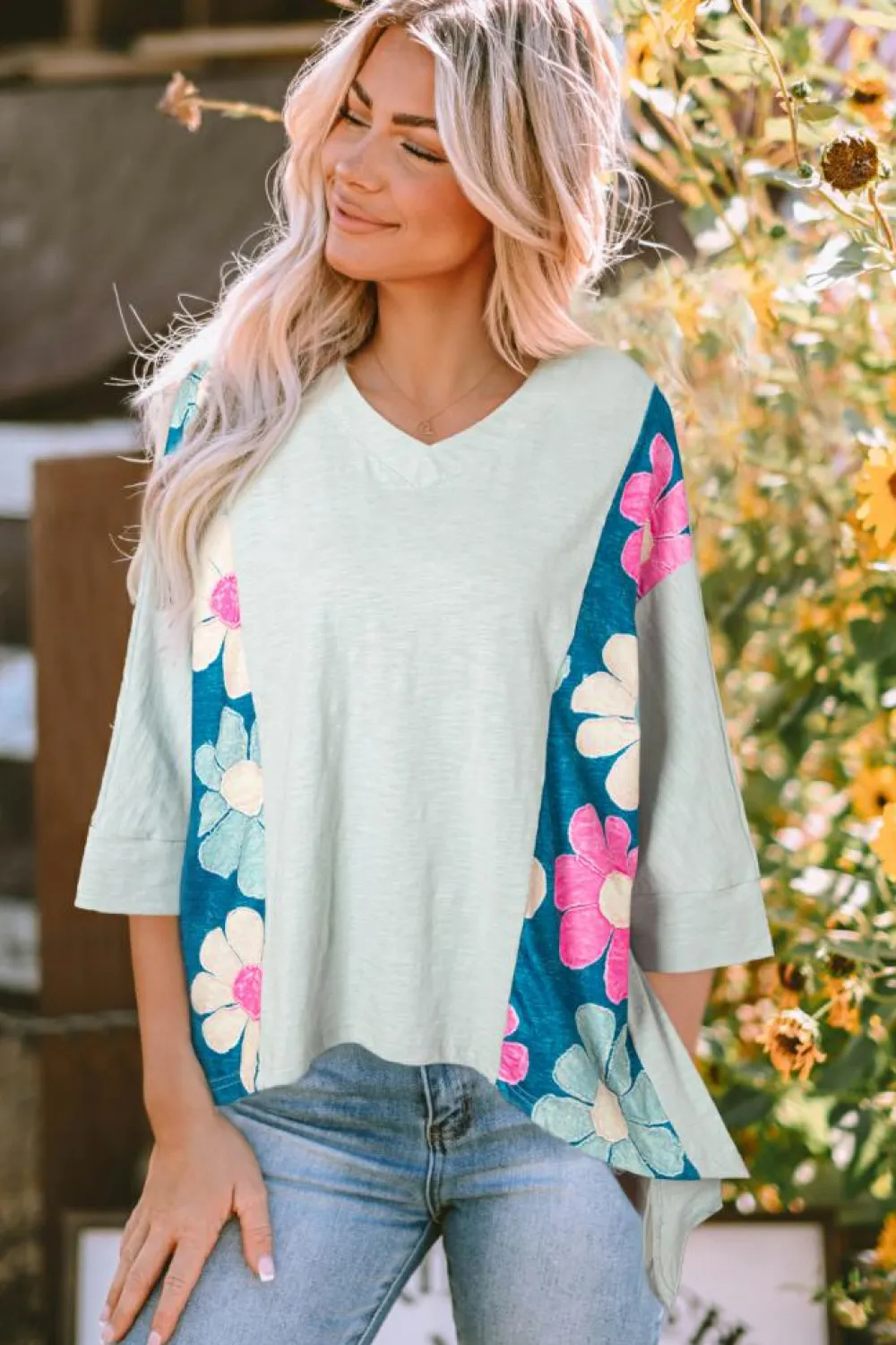 Outlet Dear-Lover Flower Patchwork Exposed Seam Oversized High Low Top Green