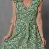 Online Dear-Lover Flower Print Flutter Sleeve V Neck Sashed Ruffled Mini Dress Green