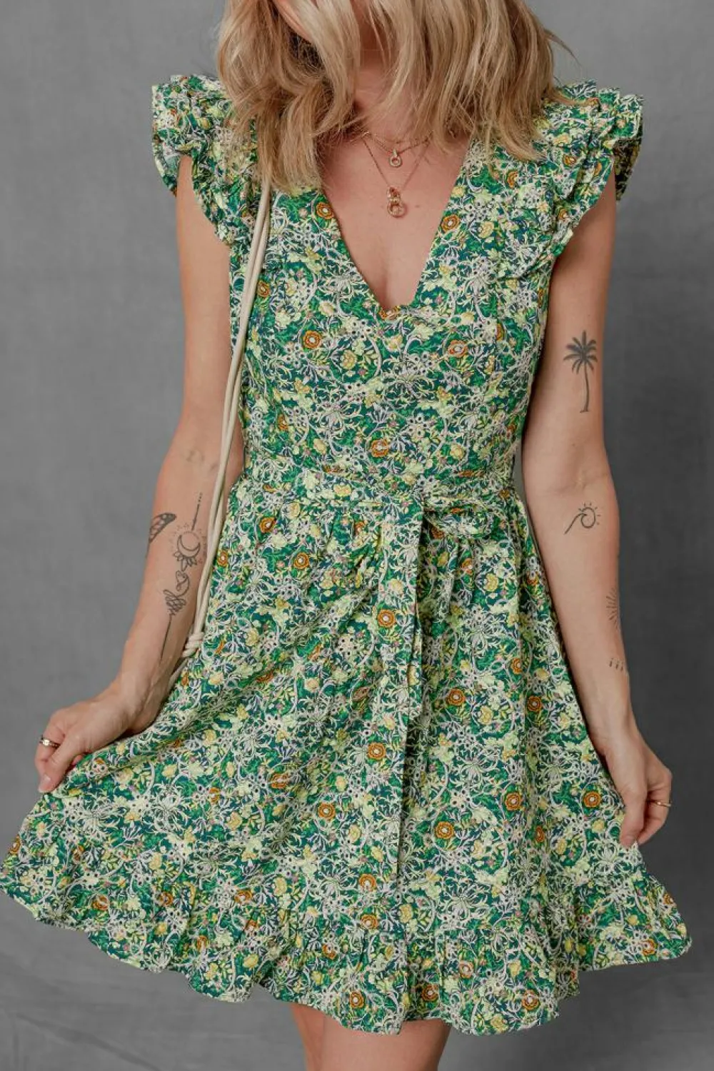 Online Dear-Lover Flower Print Flutter Sleeve V Neck Sashed Ruffled Mini Dress Green