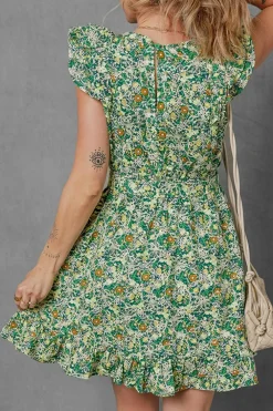 Online Dear-Lover Flower Print Flutter Sleeve V Neck Sashed Ruffled Mini Dress Green
