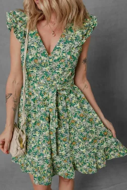 Online Dear-Lover Flower Print Flutter Sleeve V Neck Sashed Ruffled Mini Dress Green