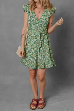 Online Dear-Lover Flower Print Flutter Sleeve V Neck Sashed Ruffled Mini Dress Green