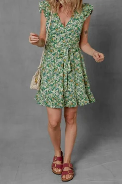 Online Dear-Lover Flower Print Flutter Sleeve V Neck Sashed Ruffled Mini Dress Green