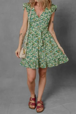 Online Dear-Lover Flower Print Flutter Sleeve V Neck Sashed Ruffled Mini Dress Green