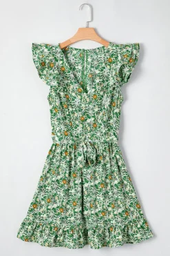 Online Dear-Lover Flower Print Flutter Sleeve V Neck Sashed Ruffled Mini Dress Green