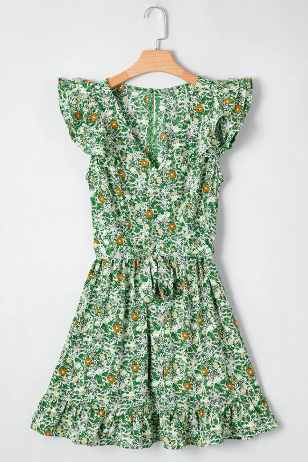 Online Dear-Lover Flower Print Flutter Sleeve V Neck Sashed Ruffled Mini Dress Green