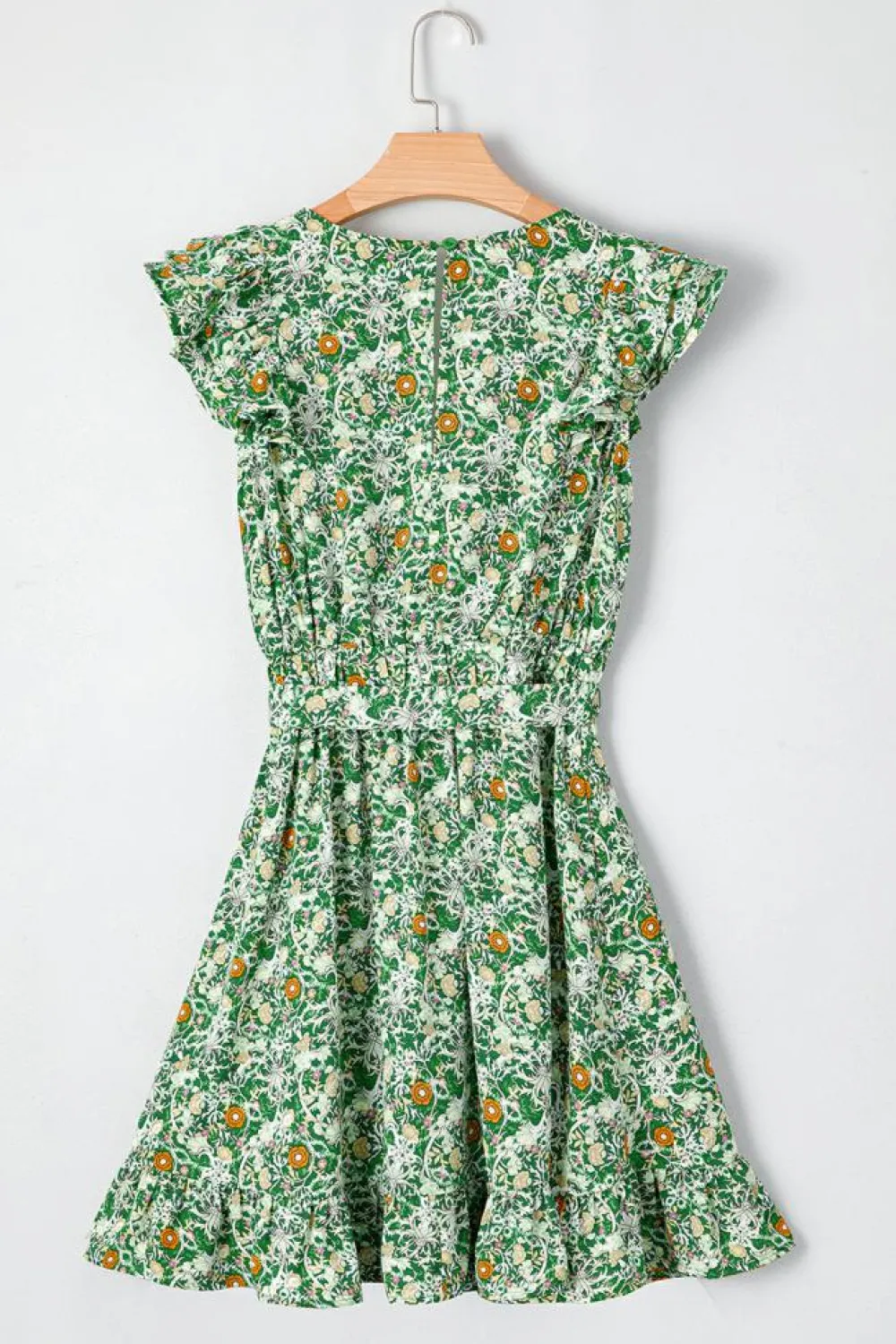 Online Dear-Lover Flower Print Flutter Sleeve V Neck Sashed Ruffled Mini Dress Green