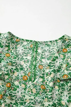 Online Dear-Lover Flower Print Flutter Sleeve V Neck Sashed Ruffled Mini Dress Green