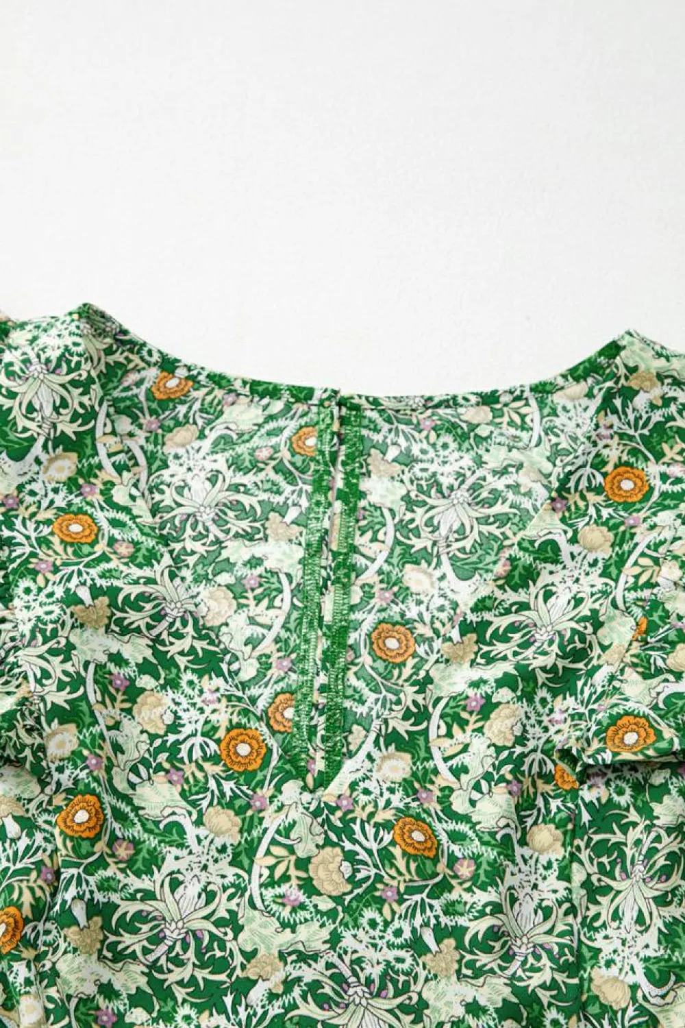 Online Dear-Lover Flower Print Flutter Sleeve V Neck Sashed Ruffled Mini Dress Green