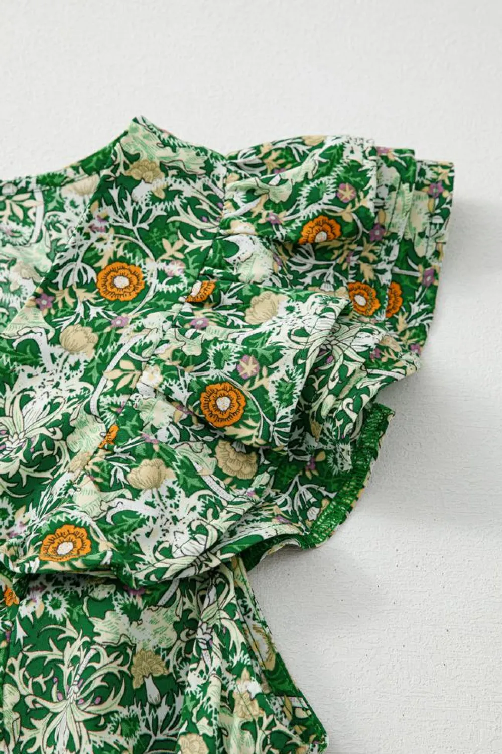 Online Dear-Lover Flower Print Flutter Sleeve V Neck Sashed Ruffled Mini Dress Green