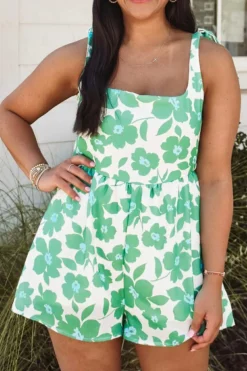 Best Dear-Lover Flower Print Knotted Straps Square Neck Romper Green