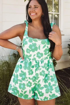 Best Dear-Lover Flower Print Knotted Straps Square Neck Romper Green