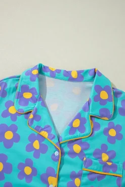 Outlet Dear-Lover Flower Print Long Sleeve Shirt Shorts Pajamas Set Green