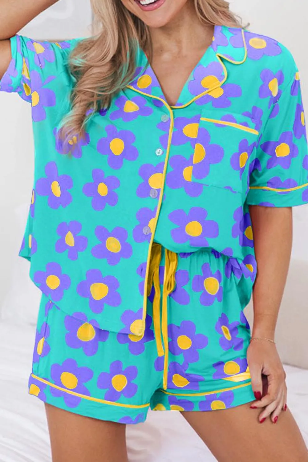 Outlet Dear-Lover Flower Print Short Sleeve Shirt Pajamas Set Green