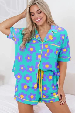 Outlet Dear-Lover Flower Print Short Sleeve Shirt Pajamas Set Green