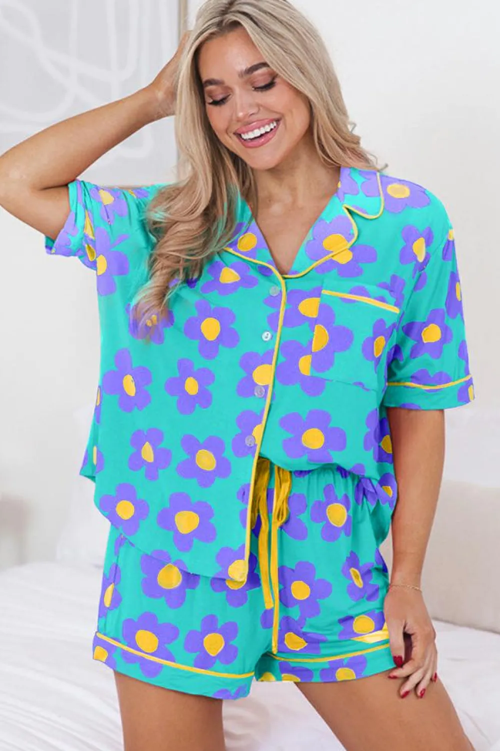 Outlet Dear-Lover Flower Print Short Sleeve Shirt Pajamas Set Green