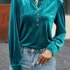 Sale Dear-Lover Frilled Neck Buttoned Front Velvet Top Green