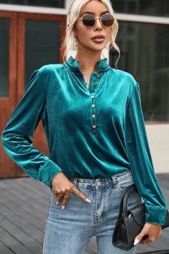 Sale Dear-Lover Frilled Neck Buttoned Front Velvet Top Green