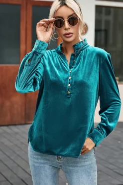 Sale Dear-Lover Frilled Neck Buttoned Front Velvet Top Green