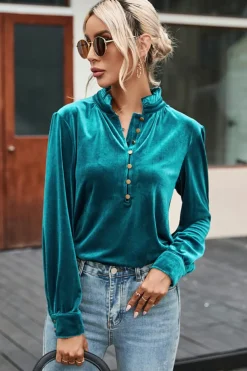 Sale Dear-Lover Frilled Neck Buttoned Front Velvet Top Green