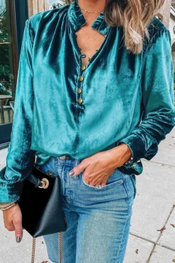 Sale Dear-Lover Frilled Neck Buttoned Front Velvet Top Green