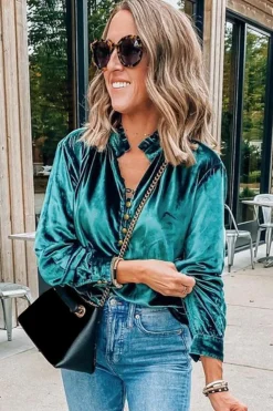 Sale Dear-Lover Frilled Neck Buttoned Front Velvet Top Green