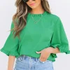 Fashion Dear-Lover Frilly Round Neck Wide Half Sleeve Blouse Green