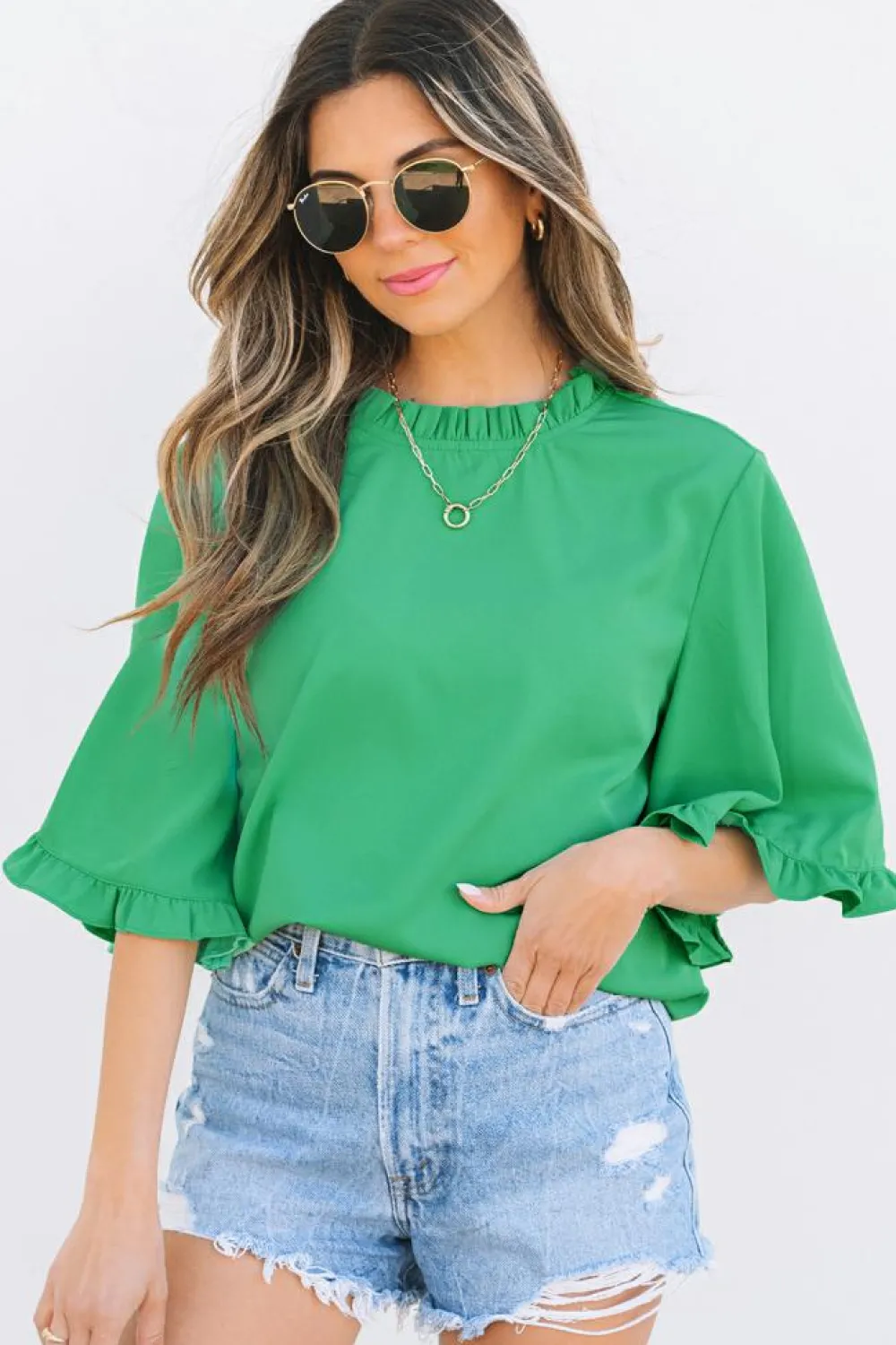 Fashion Dear-Lover Frilly Round Neck Wide Half Sleeve Blouse Green