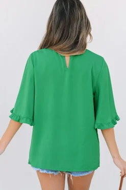 Fashion Dear-Lover Frilly Round Neck Wide Half Sleeve Blouse Green