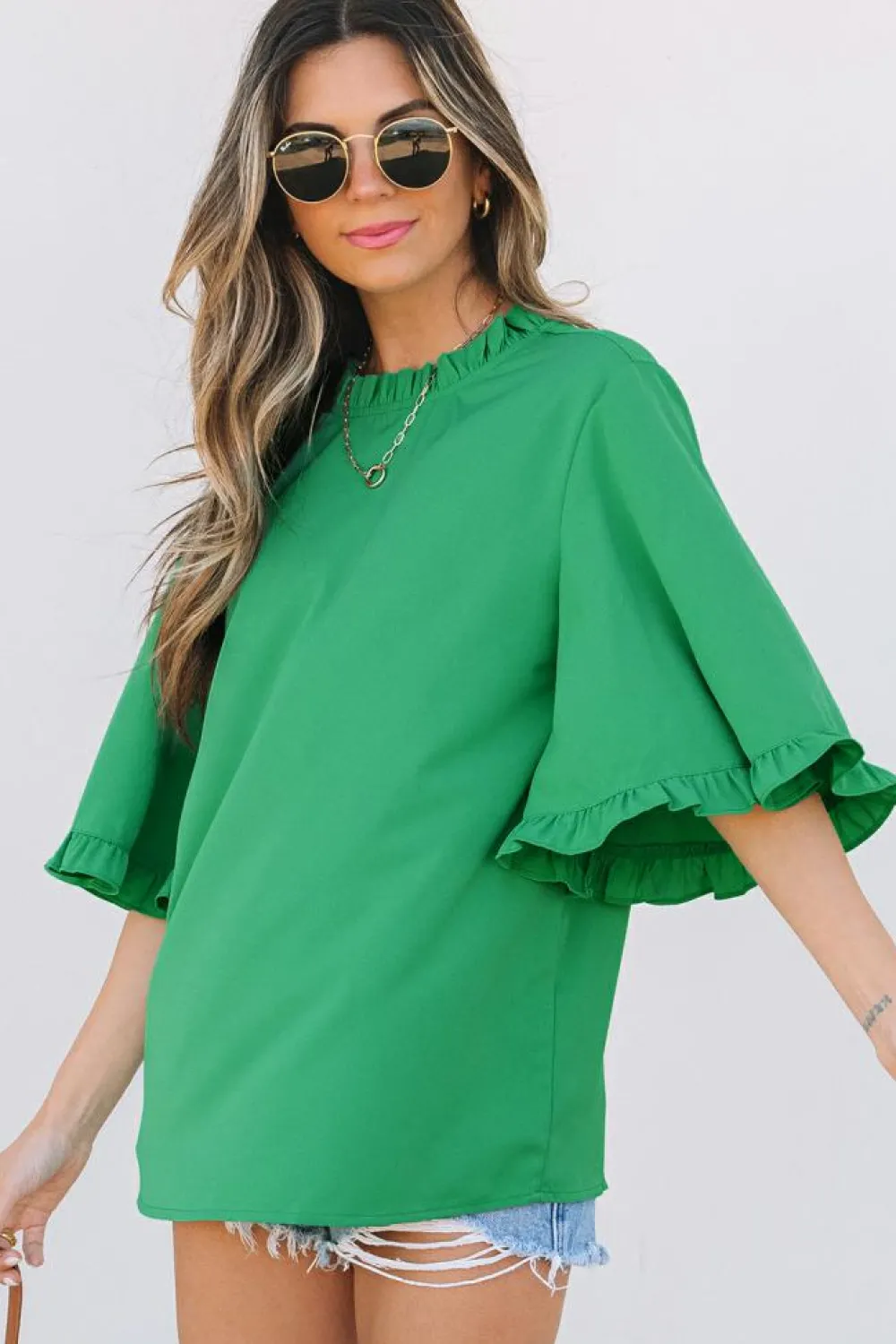 Fashion Dear-Lover Frilly Round Neck Wide Half Sleeve Blouse Green