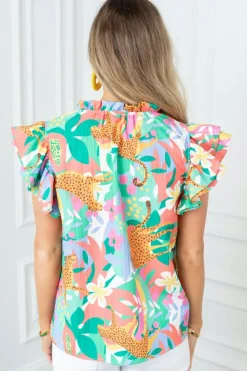 Clearance Dear-Lover Frilly Ruffle Tie Split Neck Summer Floral Blouse Green