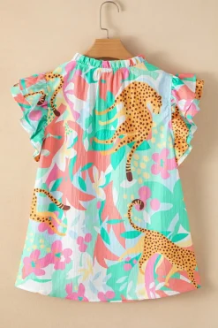 Clearance Dear-Lover Frilly Ruffle Tie Split Neck Summer Floral Blouse Green