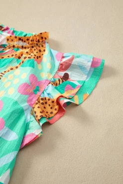 Clearance Dear-Lover Frilly Ruffle Tie Split Neck Summer Floral Blouse Green