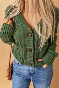 Fashion Dear-Lover Front Pockets Buttons Textured Cardigan Green