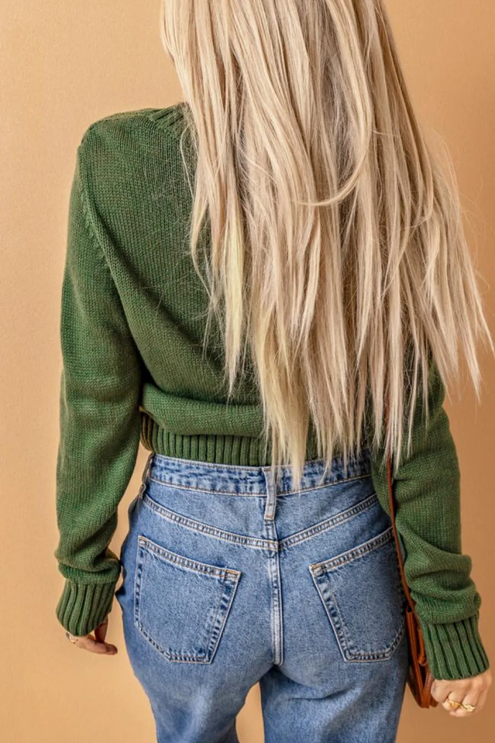 Fashion Dear-Lover Front Pockets Buttons Textured Cardigan Green