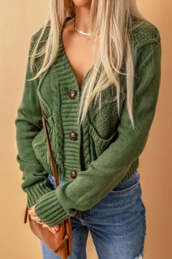 Fashion Dear-Lover Front Pockets Buttons Textured Cardigan Green